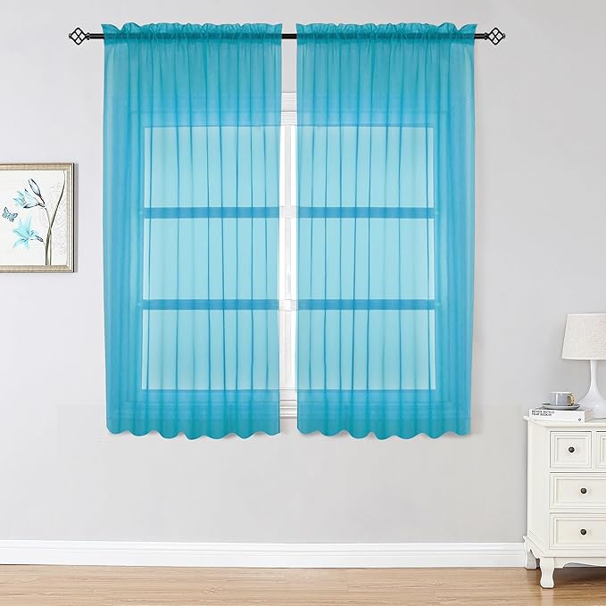OWENIE Sheer Curtains 63 inch Length 2 Panels Set, Rod Pocket Voile Fimly Sheer Drapes for Living Room/Bedroom, 2pcs, Each 42" W x 63" L，Marine Blue