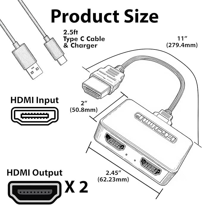 HDMI Splitter 1 in 2 Out, 4K HDMI Hub 2.0 Video Duplicator with 2.5ft USB Power Cable and Adapter, Supports 4K@30Hz UHD for TV, Monitor, Projector, PS4, Xbox, Blu-Ray – Mirror Mode Only