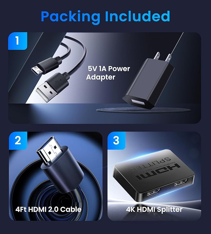 4K HDMI Splitter 1 in 2 Out with Power Adapter and 4Ft Hdmi 2.0 Cable，Mirror 1 Source Screen to 2 Display Devices-Not for Extended Display, 1x2 HDMI Splitter Compatible with PS4, HDTV, Monitor