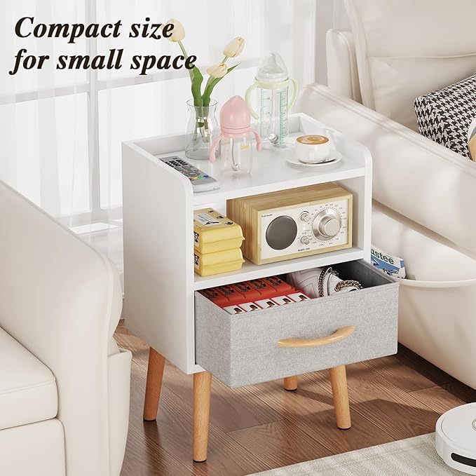 LUCKNOCK White Night Stand with Drawer, Mid Century Modern Bedside Table, Sturdy Wood Nightstand with Open Storage Shelf, Small Bedside Table for Bedroom, Kids Room & Small Spaces.