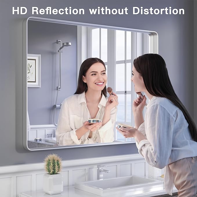 ISKM Metal Silver Frame Mirror - 48 x 36 Inch Stainless Steel Vanity Mirror for Bathroom, Non-Rusting Aluminum Alloy Matte Frame, Hangs Horizontal or Vertical