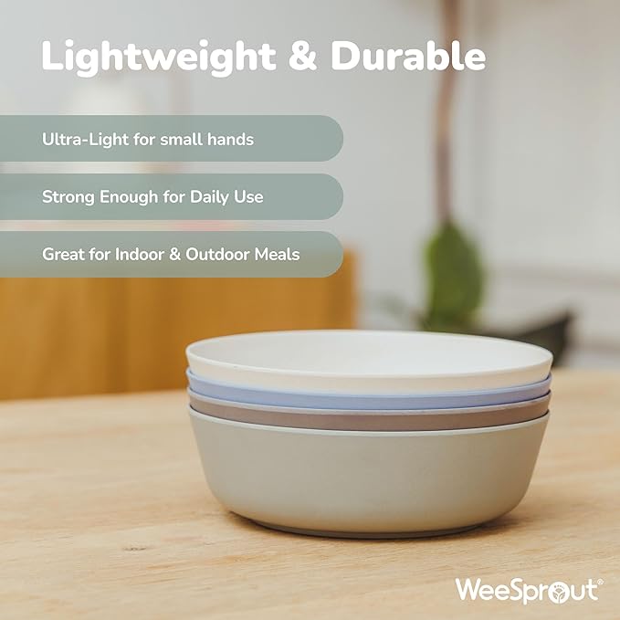 WeeSprout Bamboo Kids Bowls, Set of Four 15 oz Kid-Sized Dinnerware, Cereal, Leftovers & Snack Bowl, Dishwasher Safe (Blue, Green, Gray, & Beige)