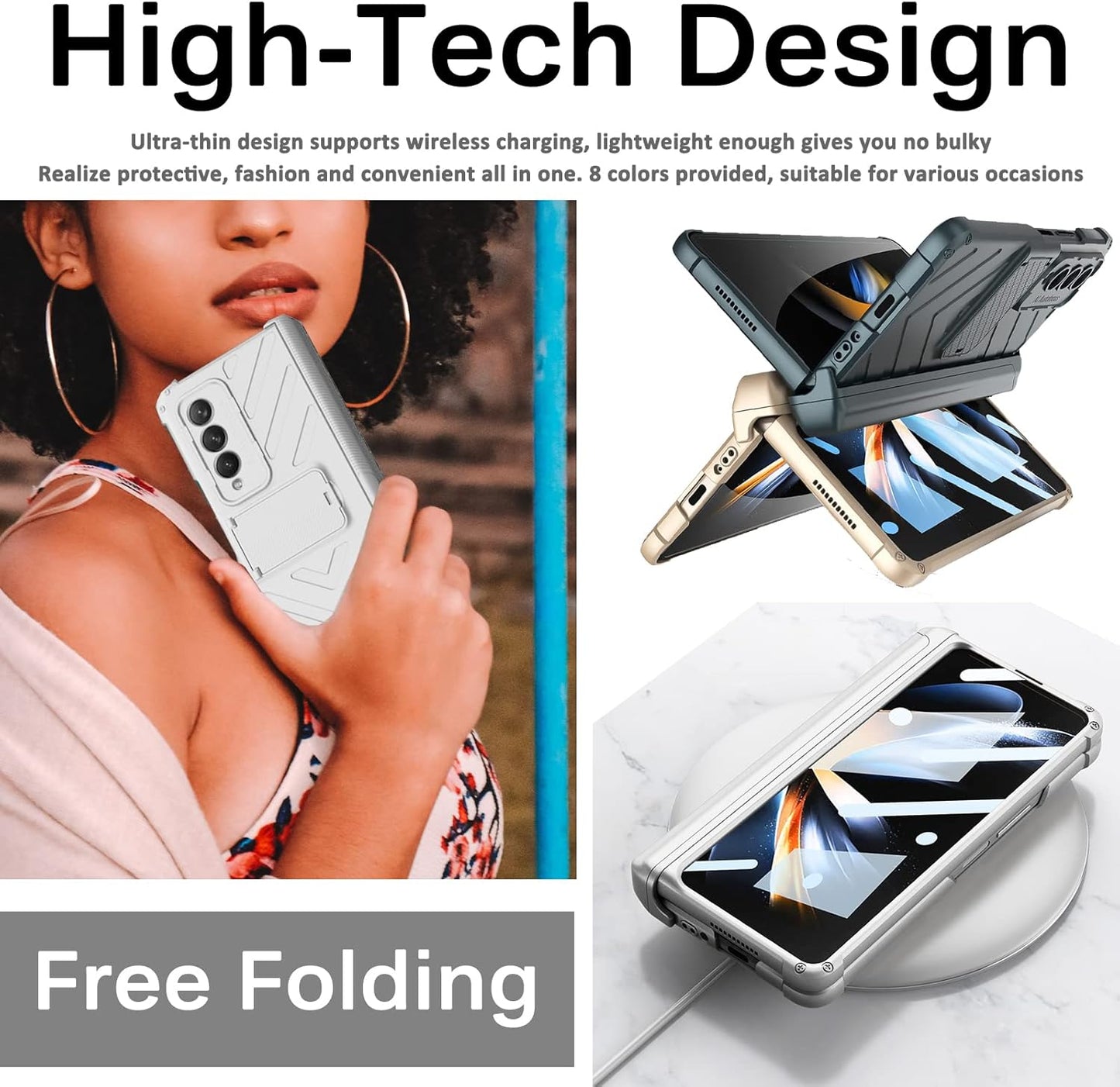 Miimall Samsung Galaxy Z Fold 4 5G Case with Built-in Tempered Glass Protector, Magnetic Hinge, Kickstand, Silver