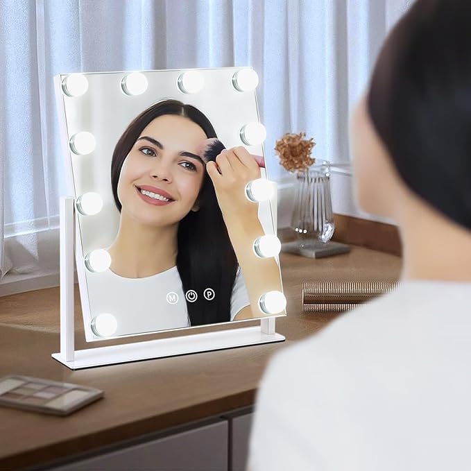 Vanity Mirror with Lights, 13'' x 11'' Lighted Makeup Mirror for Desk, Hollywood Mirror with 12 Dimmable Bulbs, 3 Color Modes, Smart Touch Control, 360°Rotation