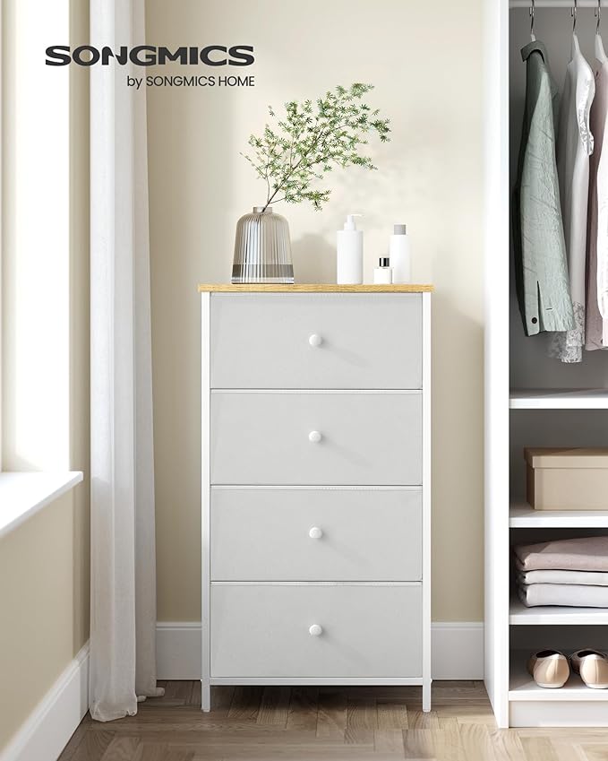 SONGMICS Dresser for Bedroom, Fabric Dresser with 4 Drawers, Metal Frame, Small Chest of Drawers, White and Oak ULTS314W57
