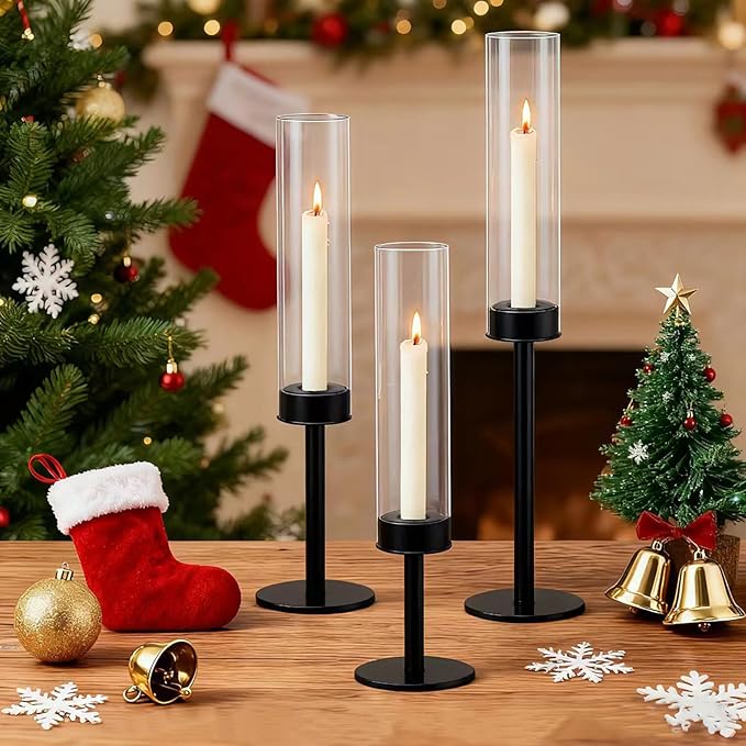 Taper Candle Holder Set, Black with Glass Hurricane – Modern Candlestick Holders for Dining Room Decor, Wedding Decor, Fall Centerpieces for Tables, Warmly Gift for Halloween and Christmas Season.