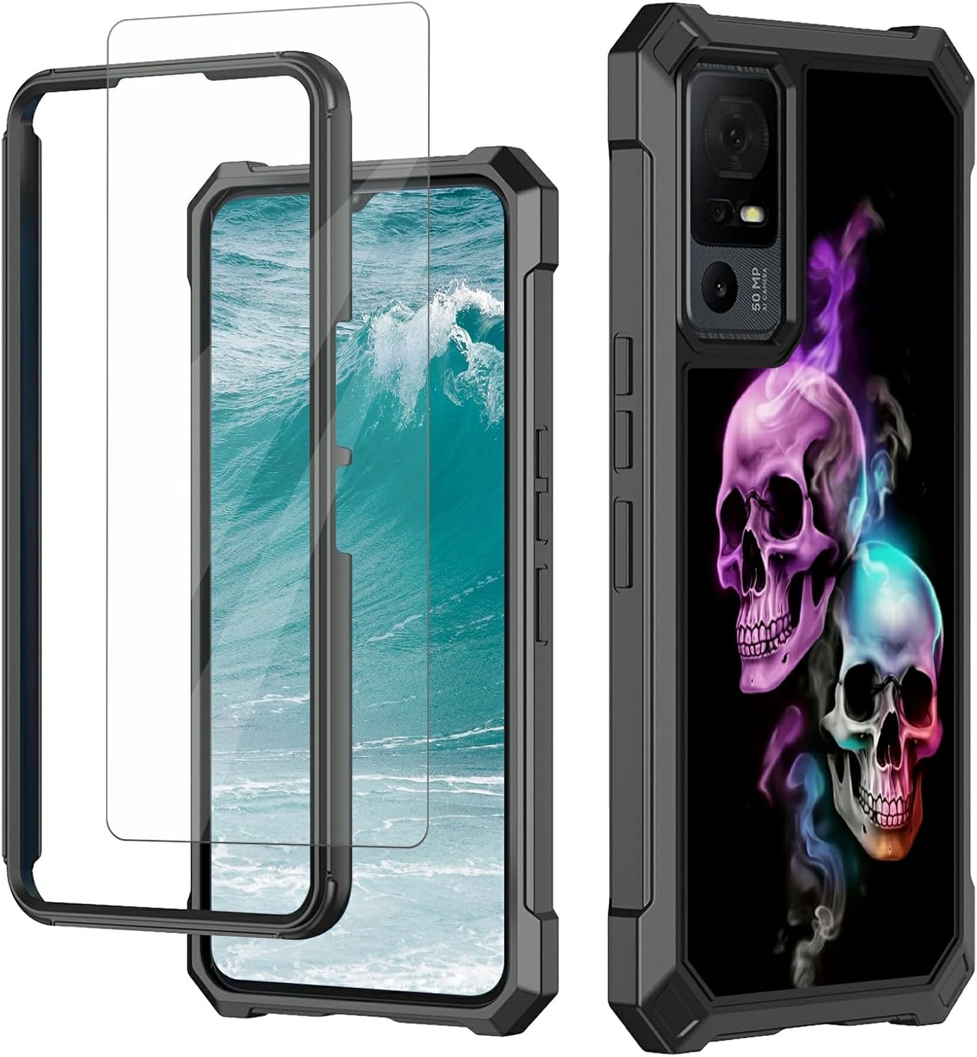 Rossy Case for TCL 40 XE 5G with Tempered Glass Screen Protector, Heavy Duty Shockproof Protective Cover with Skull