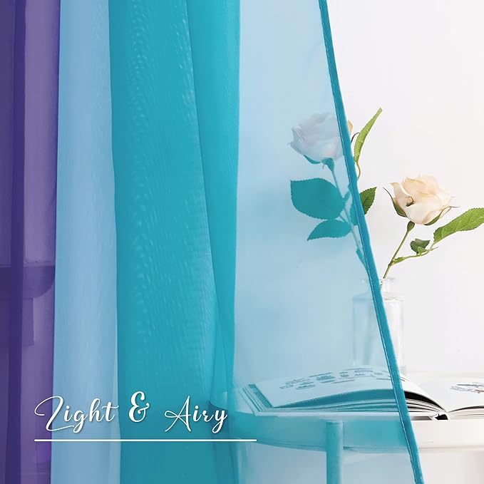 NICETOWN Lilac and Turquoise Ombre Voile Sheer Window Scarf, Wedding Decorations for Reception Decorative Bed Canopy for Gilrs Room/Kids Room, 2 Panels, W60 x L216