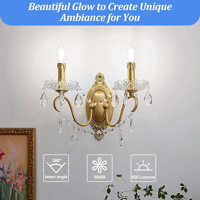 Brightever E12 Candelabra LED Light Bulbs 60 Watt Equivalent, 12 Packs Super Bright 620 Lumen, 6W Clear LED Candle Bulbs, Daylight White 5000K Dimmable Chandelier Light Bulbs for Ceiling Fan