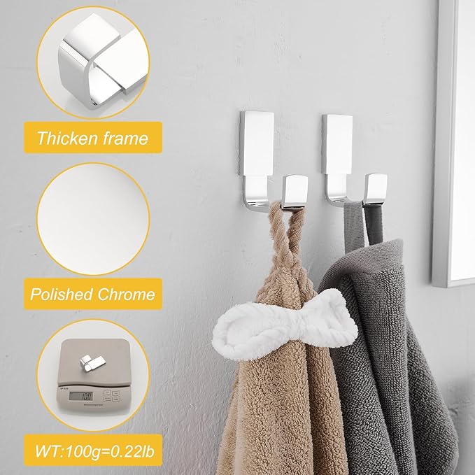 BESy Brass Clothes Hook Single Towel Hook for Bathroom Kitchen Garage Square Style Robe Hooks Coat and Hat Hook, Self Adhesive with Glue or Wall Mounted with Screws, Two Packs, Polished Chrome