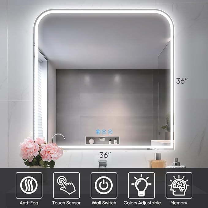 LED Bathroom Mirror, 36"x 36" LED Mirror with Lights for Bathroom, Lighted Vanity Mirrors for Wall, Anti-Fog, Dimmable, Tempered Glass, Memory Function, 3 Colors, Safe Use (White)