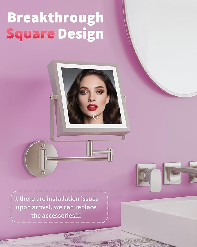 Rechargeable Wall Mounted Makeup Mirror with Lights, 4000mAh Double Sided 1X/10X Magnifying Vanity Mirror with 3 Color Lights, Touch Dimmable, 360° Extension Foldable Arm(Brushed Nickel）