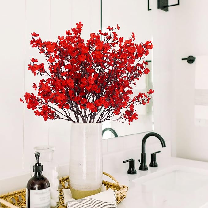 Uieke 15 Pcs Babys Breath Artificial Flowers Bulk Silk Red Faux Flowers Real Touch Gypsophila Bouquet for Christmas Halloween Home Wedding Decoration