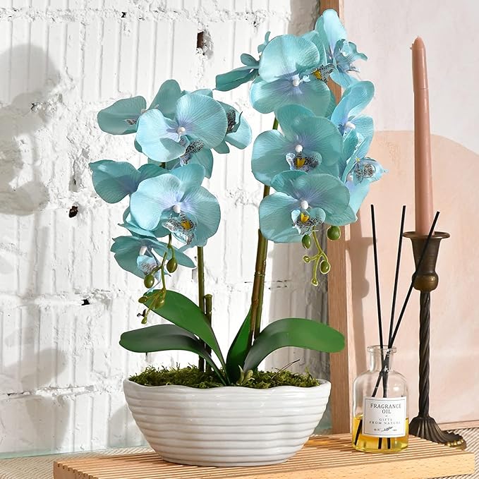 Large Artificial Potted Orchid Plant, Silk Flower Arrangement with Ceramics Vase, Golden Blue