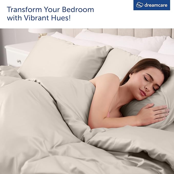 DREAMCARE Queen Size Sheets - Cooling Bed Sheets - 4pcs Set - up to 15" Deep Pocket Queen Sheet Set - Sheets Queen Size Bed - Soft & Long Lasting 100% Fine Microfiber with Side Pocket - Beige