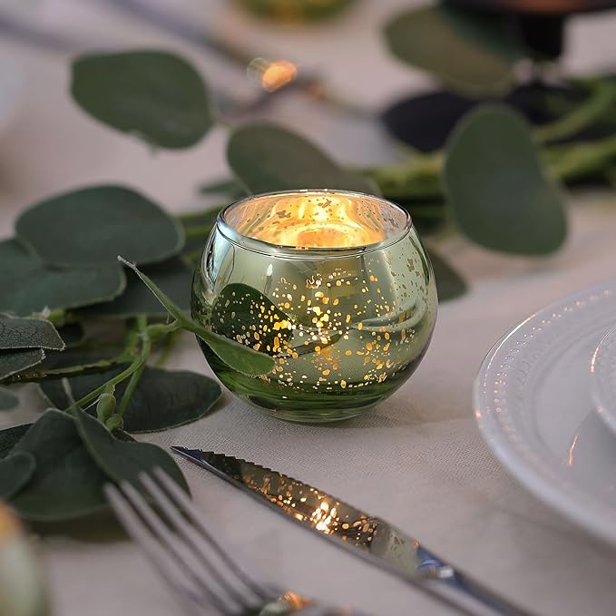 LAMORGIFT 24 Pcs Green Candle Holders - Mercury Glass Tealight Candle Holders for Spring Wedding, Birthday, Dinner Party Table Decor, Guest Favors