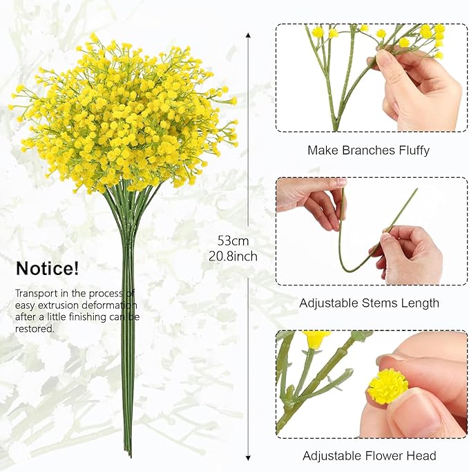 N&T NIETING Babys Breath Artificial Flowers Bulk, 10Pcs Fake Gypsophila Bouquet Flowers Real Touch Faux Babies Breath Arrangement for Wedding Floral Party Home Centerpieces Vase Decoration, Yellow