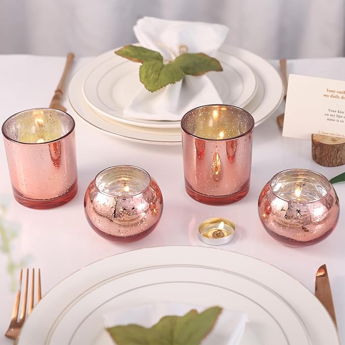 10 Pcs Assorted Rose Gold Candle Holders, Larger Size Mercury Glass Votives for Wedding, Rose Gold Birthday Decorations, Votive Candle Holders for Valentines/Bridal Shower/Sweet 16 Party Favors