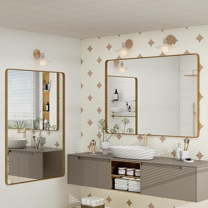 48x36 Inch Gold Bathroom Mirror, Brushed Metal Framed Gold Wall Mirror, Modern Rounded Rectangle Brass Vanity Mirror, Shatterproof, Anti-Rust (Horizontal/Vertical)