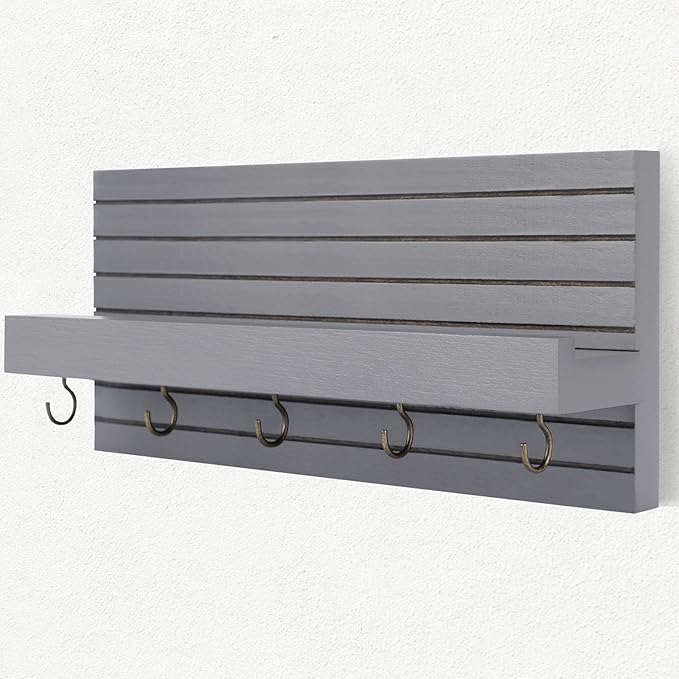 Decorative Key Holder for Wall with Shelf, Entryway Shelf with Hooks Holds Leashes, Jackets and Glasses – Sturdy Wood Keyholder Entrance Hanger with Mounting Hardware (Gray, Medium)