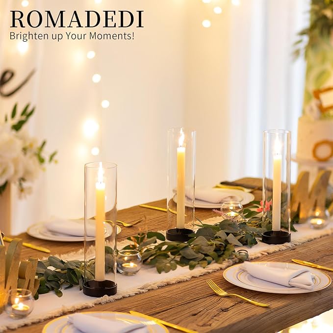 Romadedi Glass Hurricane Candle Holders Black - 12 Inch Taper Candlestick Holder Bulk Clear Glass Cylinder Table Centerpiece Wedding Decor Party Birthday Christmas Home Decorations, Set of 10