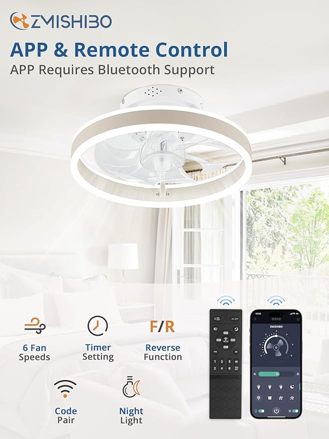 ZMISHIBO Low Profile Ceiling Fans with Lights and Remote, 13 Inch Fandelier Ceiling Fan with Light, White Modern Flush Mount Ceiling Fan, Small Dimmable LED Fan Lights for Bedroom