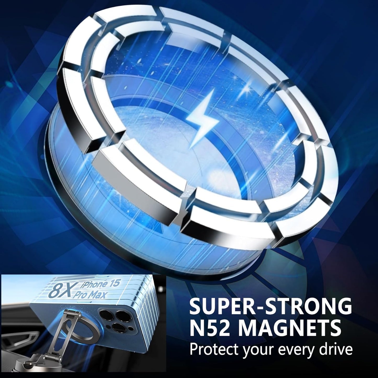 Magnetic Car Mount Never Falling - Dual-Fixing 360° Rotation Dashboard Holder for iPhone 15/14/13/12