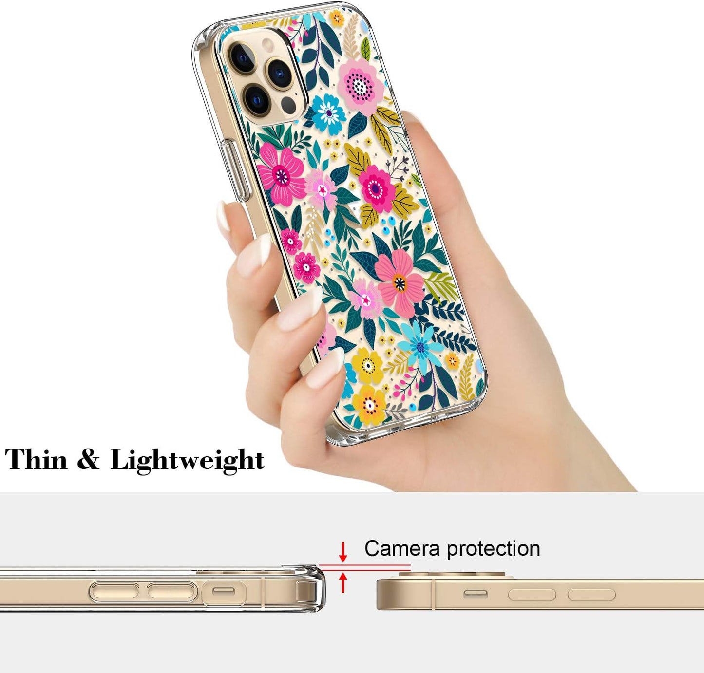 ICEDIO iPhone 12 Case with Screen Protector, Clear with Colorful Blooming Floral Patterns for Girls, Slim Fit