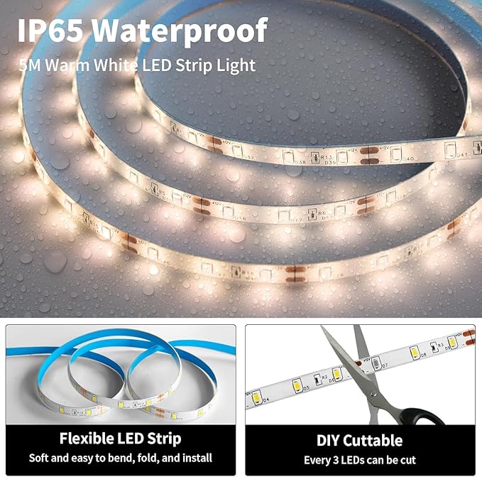 iNextStation Warm White LED Strip Light, 16.4ft 5M 2835 SMD 300 LEDs 12V Flexible Cuttable LED Tape Light for Bedroom Kitchen Cabinet Wardrobe TV (Power Adapter Included)
