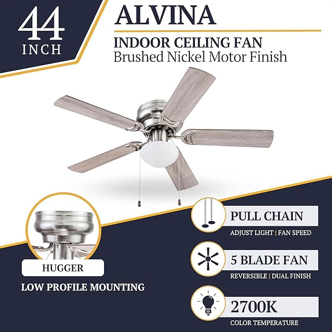 Prominence Home Alvina Traditional 44 Inch Ceiling Fan with Light, LED Flush Mount Ceiling Fan, Indoor Fan with 5 Blades, Gray Oak and Brown Walnut Blade Finish Options, Satin Nickel (51585-01)
