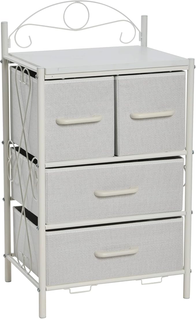 Household Essentials Victoria Dresser Nightstand Storage Organizer with 4 Drawers Metal Frame and Scandinavian White Top