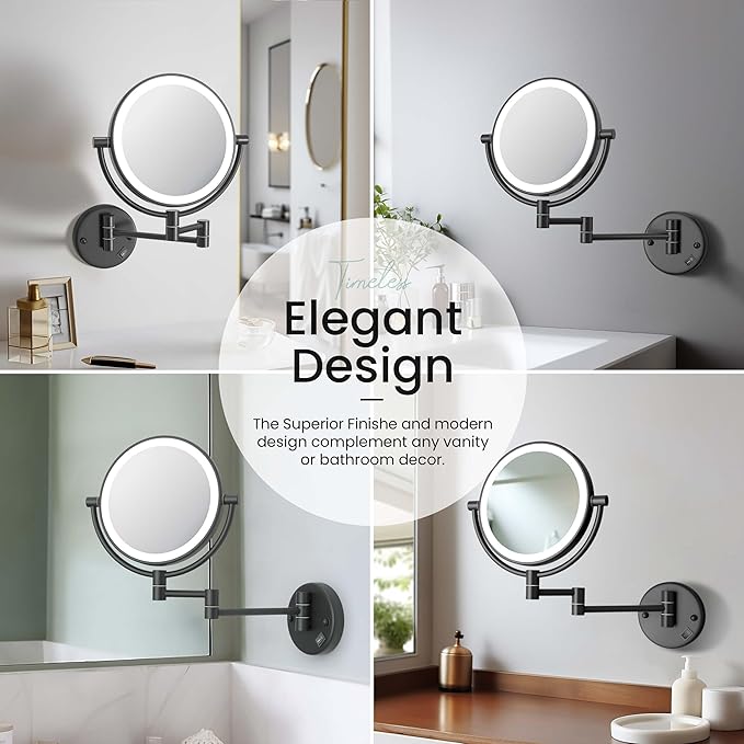 KIBI Circular Wall Mount Makeup Mirror with LED Lights, Dual-Sided 1x/5x Magnifying Mirror with Adjustable Arm, 360° Swivel, Solid Brass Construction for Durability and Style (Matte Black, KMM101)