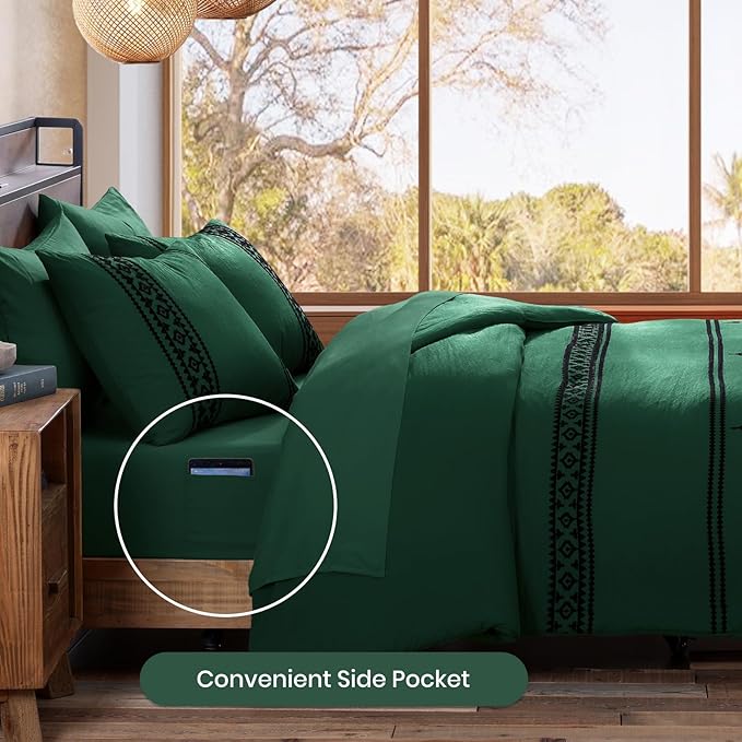 MaiRêve Embroidery Queen Size Comforter Set Emerald Green, Boho Farmhouse Western Bedding Set 7 Pieces, All Season Bed in A Bag Comforter Set with Sheets, Pillowcases & Shams