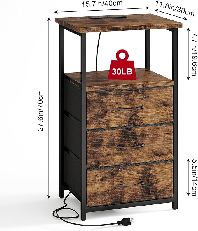 Fixwal Night Stand with 3 Fabric Drawers, Nightstand for Bedroom, Bedside Table with Charging Station End Table with Storage, Rustic Brown
