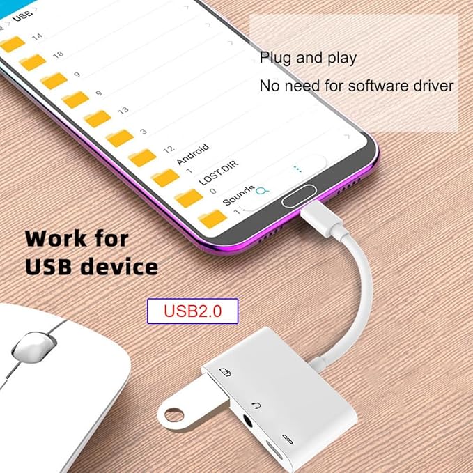 NFHK Type C USB-C to 3.5mm Audio AUX & Type-A USB2.0 OTG Female with PD Power Charge Adapter Compatible with Laptop Tablet Phone