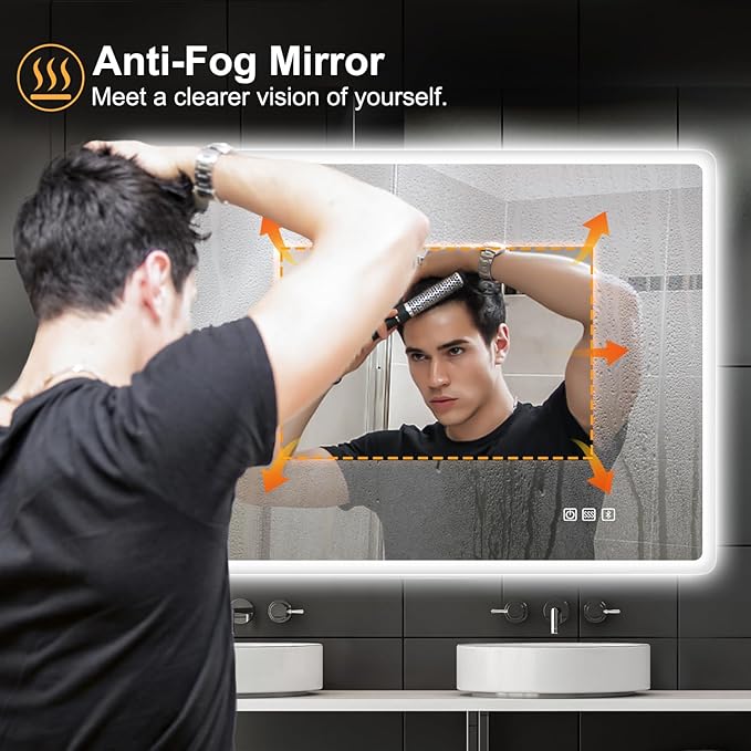 S'bagno 36"x28" LED Bathroom Mirror with Bluetooth Speaker, Anti-Fog & Waterproof, Dimmable Wall Mirror with Touch Control, 3 Light Colors, Vertical or Horizontal