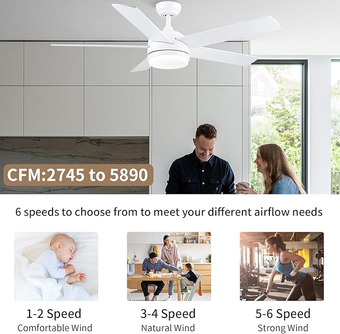 YUHAO 52 Inch White Ceiling Fan with Light and Remote Control.Noiseless,Dimmable,3CCT,6 Speeds Reversible, DC Ceiling Fans for Indoor or Covered Outdoor