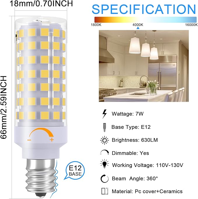 TAIYALOO E12 LED Bulb Dimmable C7 Bulb Equivalent to E12 Halogen Bulb 60W, Natural White 4000K, T6 Small Base, 120V 7W 630LM E12 LED Candelabra Bulbs for Ceiling Fan, Chandelier Light, 6 Pack