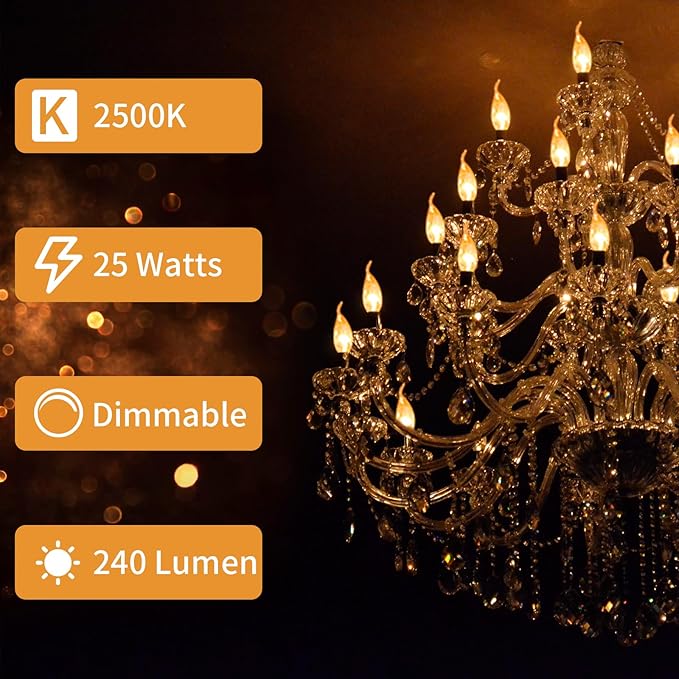 20-Pack E12 Candle Light Bulbs 25W Warm White 2500K, 240 Lumen Dimmable Chandeier Light Bulbs for Ceiling Fan, Pendants or Outdoor, CA10 Clear Candelabra Base Bulbs