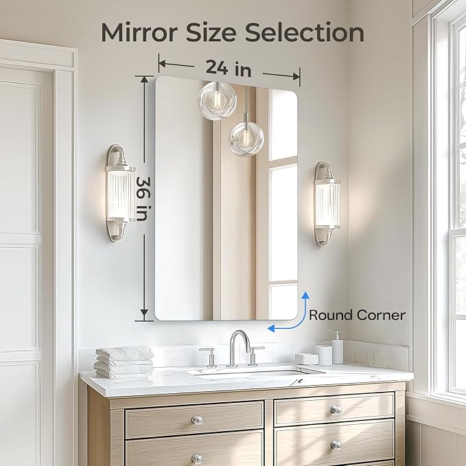 USHOWER Frameless Bathroom Mirror for Over Sink, 24x36 Inch Rectangle Wall Vanity Mirror for Bathroom, Bedroom, Entryway, Polished Edge, Tempered Glass
