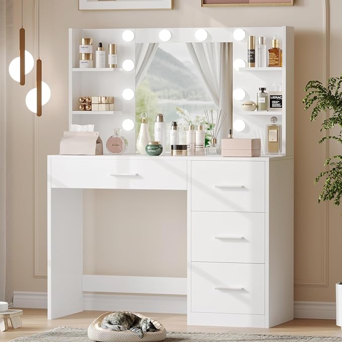 Irontar Vanity Desk, Makeup Vanity with 10 LED Lights & 4 Drawers, Brightness Adjustable, Dressing Table with 6 Open Storage, Makeup Table for Women, White WDT003W