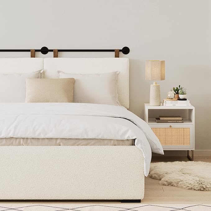 Nathan James Charlie Wall Mount Hanging Headboard, King, White Boucle with Brown Faux Leather Straps