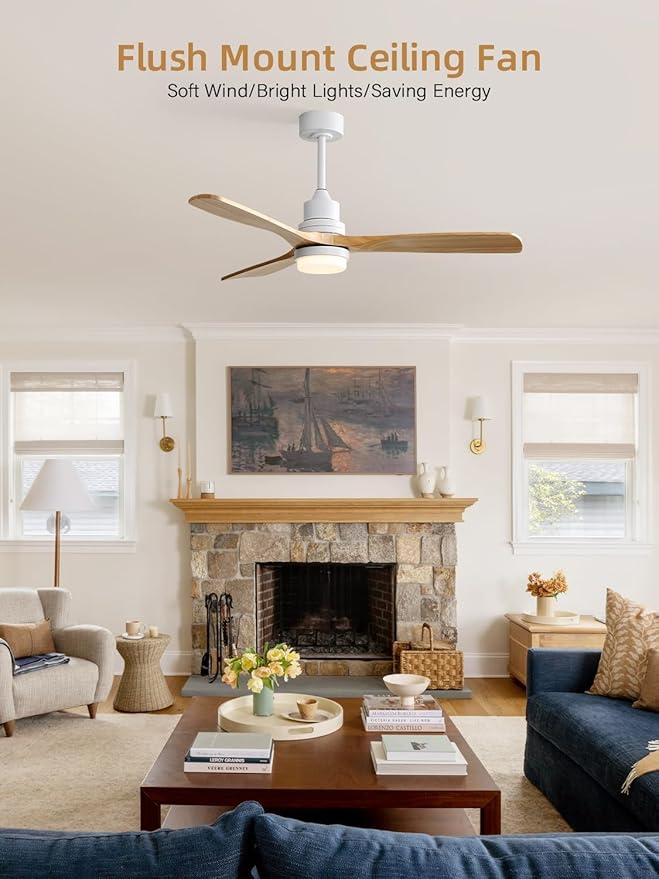 Sofucor 52 Inch Ceiling Fan with Lights and Remote Control-Modern Solid Wood Blade Ceiling Fan for Bedroom Living Room Indoor Outdoor Farmhouse Patio, Quiet DC Motor, Natural Wood