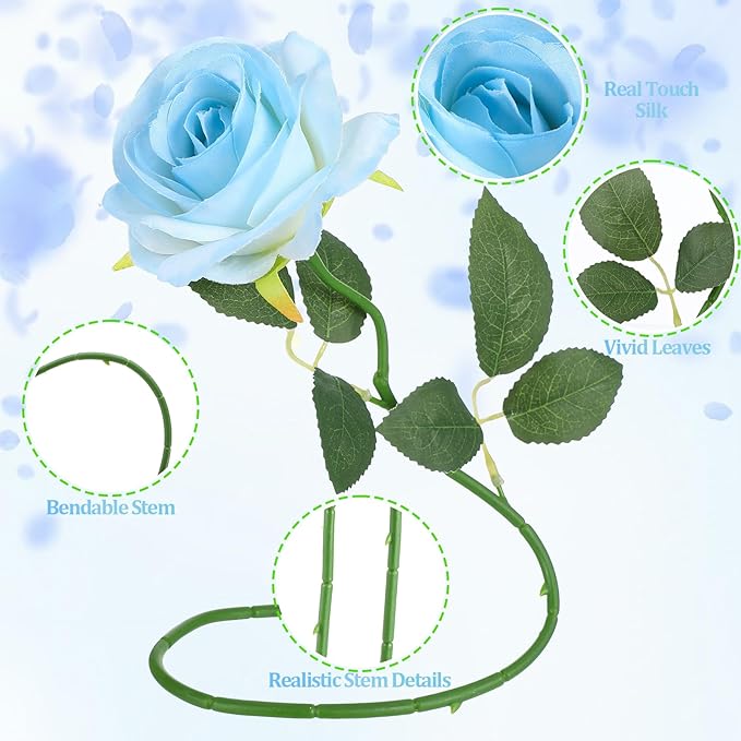 68 Pcs Ice Blue Artificial Roses Fake Flowers,Silk Flowers with Stems for DIY Wedding Bridal Shower Centerpieces Arrangements Tables Decorations