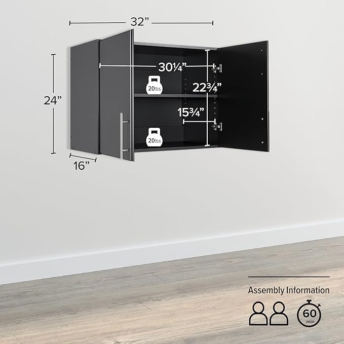 Prepac Elite 32 in. 2-Door Engineered Wood Stackable Wall Cabinet in Black