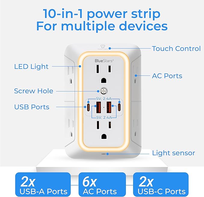 Wall Mount Power Strips Wall Charger 6 Outlet Extender 4 USB Ports (5V, 2.4A, 12W) and Night Light 3-Sided Power Strip with Adapter Spaced Outlets - Multi Plug Outlet Surge Protector for Home Office