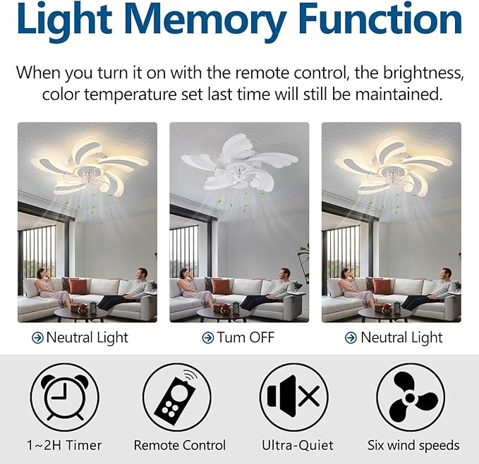 Ceiling Fan with Lights Remote Control, White Flower Ceiling Fan with Light, 3 Light Color 6 Speeds Low Profile Flush Mount Ceiling Fan for Kitchen Bedroom Living Room