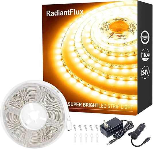 RadiantFlux Warm White Led Strip Lights for Bedroom, 16.4ft 300Leds, Dimmable,Flexible, Super Bright LED Tape Lights for Living Room, Kitchen, Vanity Mirro （Indoor Use）
