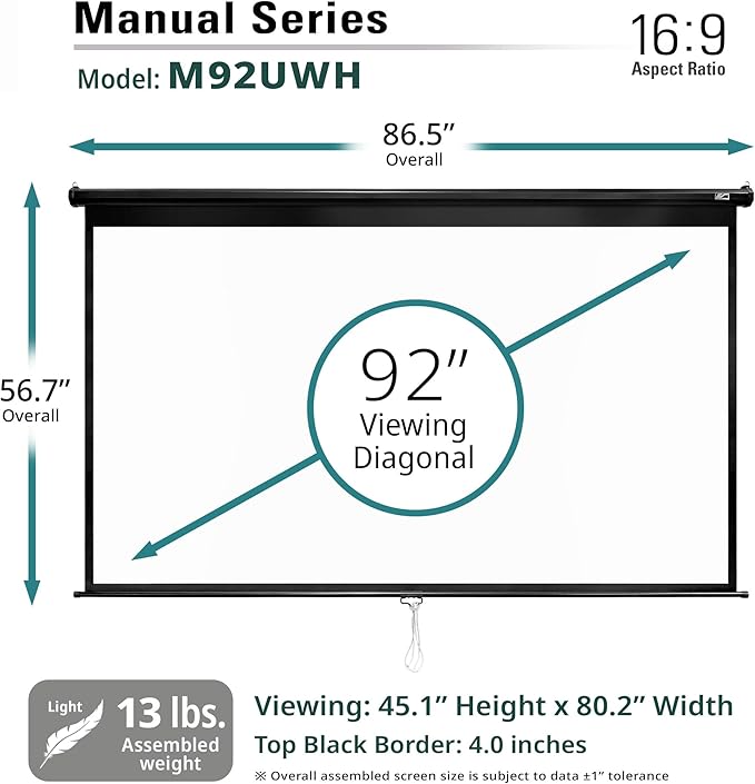 Elite Screens Manual Series, 92-INCH Pull Down Manual Projector Screen with AUTO LOCK, Movie Home Theater 8K / 4K Ultra HD 3D Ready, 2-YEAR WARRANTY, M92UWH, 16:9, Black