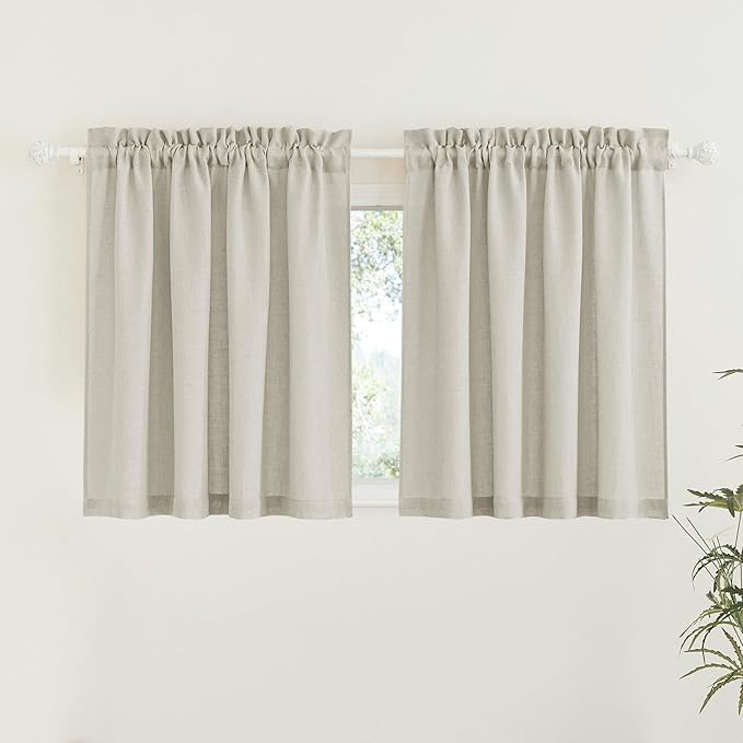 RYB HOME Short Curtains Europe Flax Linen Woven Semi Sheer Drapes Window Treatments Sun Shades Light Filtering Glare Control for Bathroom Nursery Bay Window Laundry Room, W 52" x L 45", Angora, 2 PC
